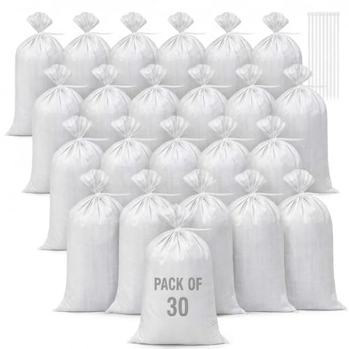 30 Sacos para Arena 46 x 70 cm Saco para Escombro Grava Tejida Saco de Transporte de Alta Resistencia y 30 Bridas para Basura Jardín Almacenamiento Protección contra Inundaciones (Blanco)