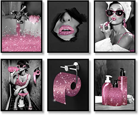 Luodroduo Fashion Wall Art Set mit 6 rosafarbenen und schwarzen und weißen Glitzer-Poster auf Leinwand, Badezimmer-Dekor, moderne Frauen, lustiges Kunstwerk (B & W, Pink, 20,3 x 25,4 cm, ungerahmt)