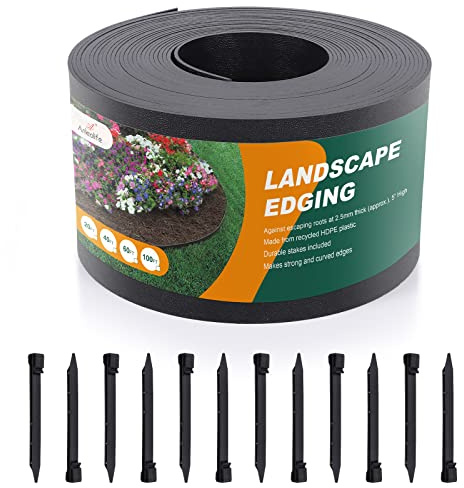 A ANLEOLIFE 100FT Flexible Plastic Landscape Edging Coil, 5 Black Garden Border for Yard, Flower Beds & Pathways, Anti-UV, 30 Stakes for Easy Install