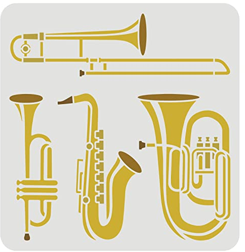 FINGERINSPIRE Blasinstrumenten Malschablone 30x30cm Wiederverwendbare Saxophon Trompete Tuba Posaune Zeichnungs Schablone Jazzinstrumente Musikschablone für Malerei auf Wand Holz Möbel und Papier