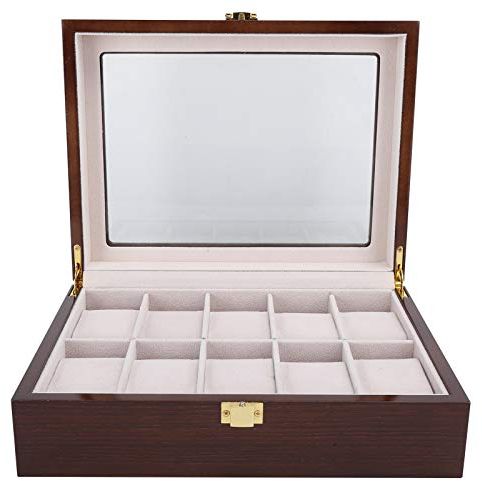 Cyrank Holz-Uhrenbox, 10 Fächer, Uhrenbox, Organizer, Braun, weiches Flanellfutter, beige, Uhrenbox-Organizer für Herren mit durchsichtigem Deckel