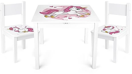 Leomark Weiß Kindertisch und 2 Stühle aus Holz - UV-Druck: Rosa Einhorn - Tisch Kinderstuhl für Kinder, Kindersitzgruppe, Sitzgruppe, Tischgarnitur, Dim: 60x60x49 (H) cm