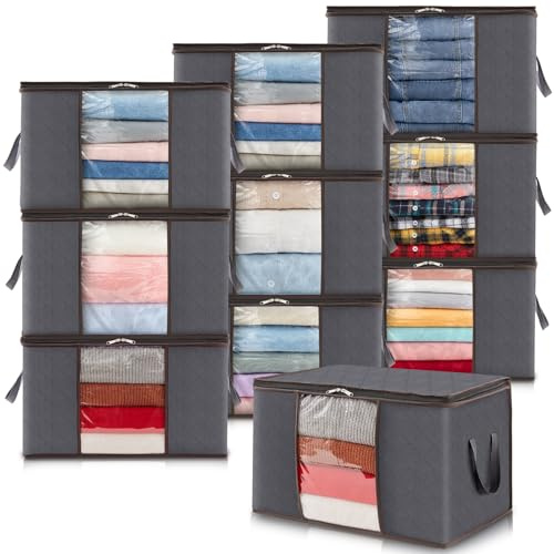 Lifewit Scatole per Armadio, Scatole Vestiti, Organizer Armadio per Piumoni, Scatola Trasloco, Buste Pieghevole per Indumenti, Coperte, Biancheria da Letto, Grigio, 60L, 10 Pezzi