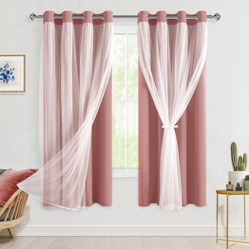 Hiasan Verdunkelungsvorhänge mit transparenter Überlage, wärmeisoliert, Privatsphäre, Doppelschicht-Fenstervorhänge für Mädchenschlafzimmer, Wohnzimmer, 2 Drapierbahnen mit Raffhaltern, Altrosa, 132 x