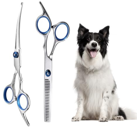 MisFun 2 Stück Haustierschere für Welpen, Hundehaarschere aus Edelstahl, Katzenpflegeschere, Schere für Tierhaare, Hundeschere Fellschere Geeignet für Haustiere und Hunde zum Haareschneiden (Blau)