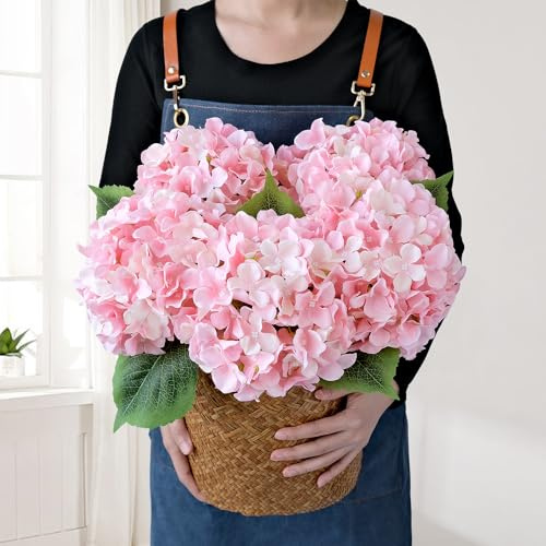 JINWOE Light Pink Flowers Silk Artificial Hydrangeas, 5Pcs 20Inch Lifelike Large Flowers with Stems, Full Artificial Flowers for Wedding Bouquet Table Centerpieces Spring Home