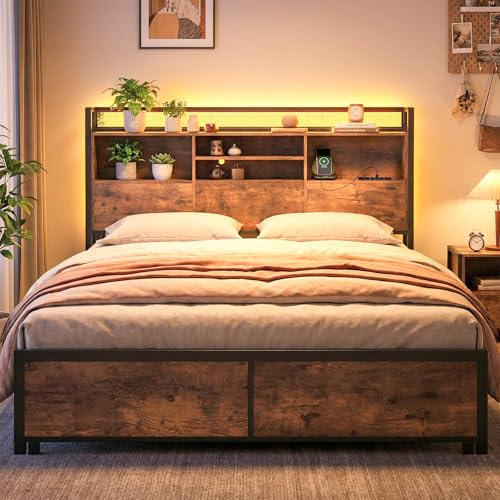 COSTWAY Struttura Letto con Testiera Contenitore, Letto a Piattaforma in Metallo con Stazione di Ricarica 3 Ripiani, Silenzioso, Carico Massimo 300kg (160 x 200 cm Stile 2)