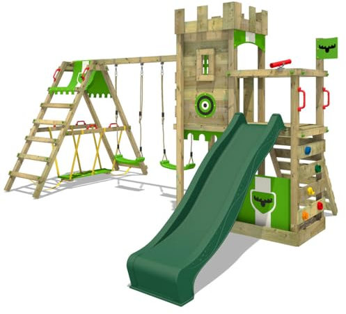 FATMOOSE Spielturm Ritterburg BoldBaron Boost XXL mit SurfSwing, Schaukel & grüner Rutsche, Outdoor Kinder Kletterturm mit Sandkasten Leiter & Spiel-Zubehör für den Garten