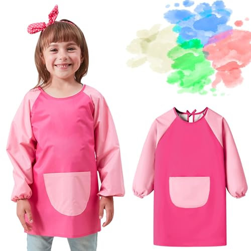 1 Stück Malschürze Kinder, Malkittel Kinder 5–11 Jahre, Wasserdicht Malerschürze Bastelschürze, Kleinkinder Kunstkittel, Dunkel Rosa Malerkittel mit Lange Ärmel für Mädchen Schule Kunst Malerei