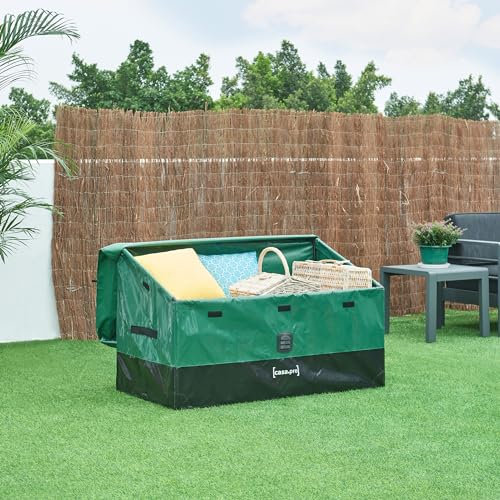casa.pro Caja de Almacenamiento para Exteriores de 387 L Arcón Baúl Almacenaje de Jardín Arcón con Asas Fijación con Velcro Lona 100% Poliéster Impermeable Acero 122x64x76 cm - Verde/Negro