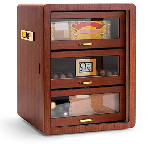 CIGARLOONG Zigarren Humidor, Humidor zigarren Zedernholz 3 Schubladen mit Digital Hygrometer und Humidor Befeuchter, hält 100-130 Zigarren großen Innenraum Humidore (Braun2)