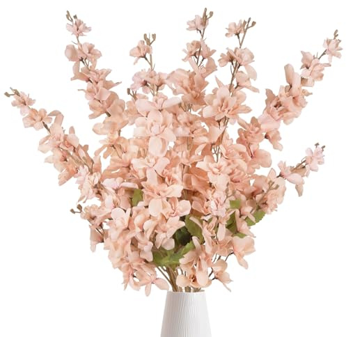 INSUNSIX 6PCS Silk Delphinium Artificial Flower Lifelike Silk Larkspur Flowers Plant 35.43 Long Stem Blossoms Fake Flowers for Tall Vase Floral Arrangements Home Table Wedding Decor(Champagne Pink)