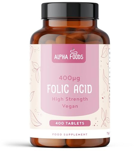 Folsäure | 400 Tabletten | 400 mcg pro Tablette | Schwangerschaft und Kinderwunsch | 100% Vegan | Hochdosiert | ohne unnötige Zusätze | Alpha Foods