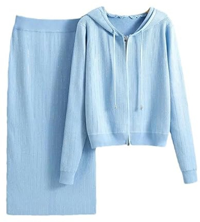 Strick-Sweatshirts mit Kapuze, 2-teiliges Set für Damen, Rauten, Streifen, Röcke, Set, schicker Pullover, Strickjacke, Ensemble, Röcke, Anzüge Blue M