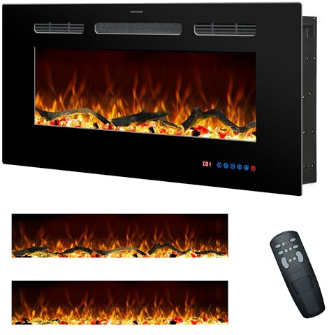 Rodalflame 76cm Chimenea eléctrica, Chimenea empotrable y de Pared para Interiores con Mando a Distancia, 13 Colores de Llama con Tronco y Cristal, Temporizador 9H