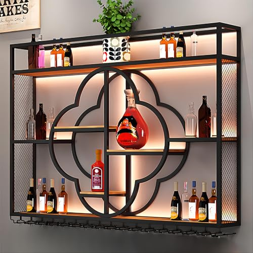 YDEHUEAD Moderne Metall Wand montiert Wein Display Rack, Flower Type-Schicht-Eisen-Rack, Wand Flaschenregal für Ba, Bar Einheit Floating Shelves, Flaschenregal für Home, Restaurant (Black, 120cm)