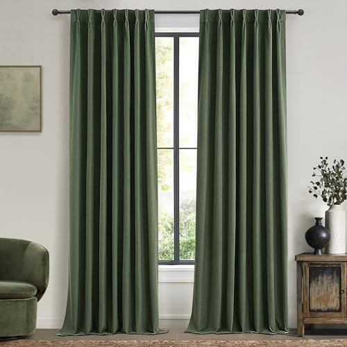QJmydeco 100 Inch Curtains for Classroom, 100 Percent Blackout Thermal Window Curtains for Sliding Glass Door Dark Olive Green Moody Heavy Duty Drapes Linen Pinch Pleated (40W x 100 x 2 Panels)