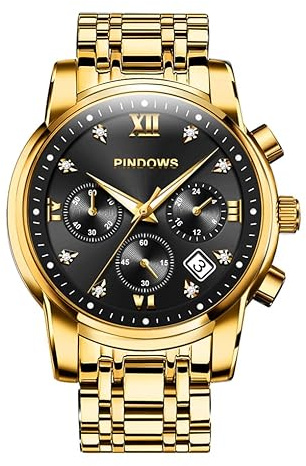 PINDOWS Uhren Herren Retro Zweifarbig Edelstahl Quarz Armbanduhr | Modische Business-Uhr. 30M wasserdicht, Leuchtzeiger, römisches Zifferblatt mit Diamanten und verborgene Faltschließe