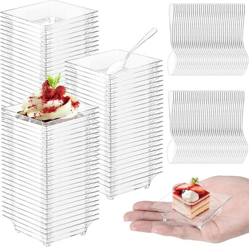KAHEIGN 100Pcs Plastic Appetizer Plates with Spoons, 6CM Square Dessert Tasting Dishe Clear Parfait Appetizer Bowls Reusable Serving Plates for Dessert Appetizers Sample Party (6cm x 1.5cm)