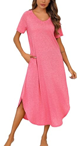 Nieery Chemise de Nuit Femme Coton Manches Courtes Robe de Nuit col V vêtements de Nuit Longue Tee Shirt Nuit avec Poche Robes Casual Femme lâche Robe Maxi