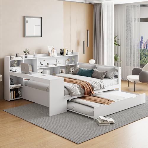 Holzbett Tagesbett Doppelbett 140x200, Funktionsbett mit USB&Ausziehbett&Schreibtisch&Bücherregal&Ablagefächern&Regalen, Kinderbett Gästebett Jugendbett Bettgestell mit Lattenrost, Ohne Matratze, Weiß