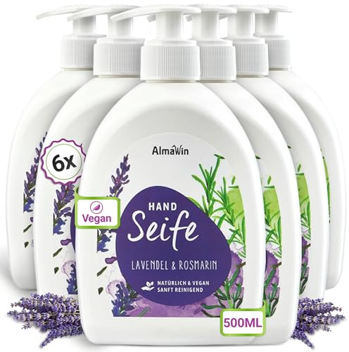 AlmaWin® Handseife flüssig mit Lavendel-Rosmarin-Duft [6x 500ml] - Flüssigseife für sanfte Handreinigung - Flüssig Seife im praktischen Spender - Hand Wash - Natürlich, Hautmild & VEGAN