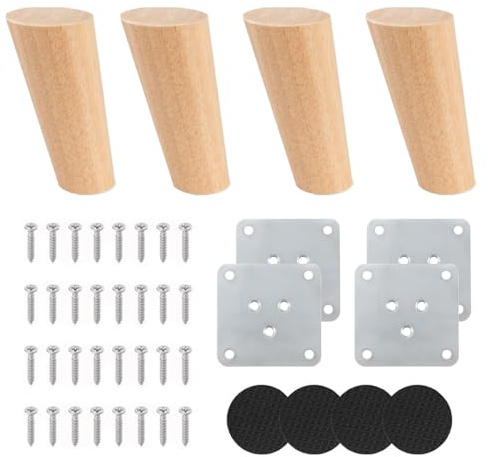 4 Stück Möbelfüße Holz 8cm Massivholz Holzbeine Möbelfüße Holz Eiche | Möbelfüße Holz mit montageplatten und Schrauben, Einfache Montage, natürliche Holzoptik für Sofa Kommode Schrank Couchtisch