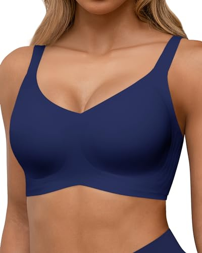 HORISUN Soutien-gorge pour femmes sans armatures, Bralette push-up confortable sans coutures pour gros seins avec bretelles larges, soutien-gorge doux sans coutures classique pour femmes, bleu marine