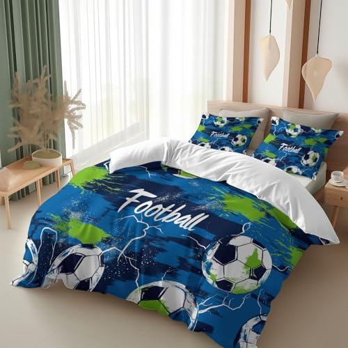 Srigzcaly Fußball-Elementdruck Bettwäsche-Set 135x200 cm, 3teilig Mikrofaser Weiß Bettbezug für Kinder Teenager Mädchen, Weich Leicht Bettset Wohndekor mit Reißverschluss und 2 Kissenbezug 80x80cm