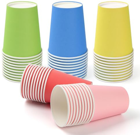PARTY GO 50PC Mehrfarbig 9oz Party Pappbecher, Partygeschirr Einweg | für Jungen und Mädchen Geburtstag Dekoration Papier Geschirr (Grün Blau Rosa Rot Gelb)