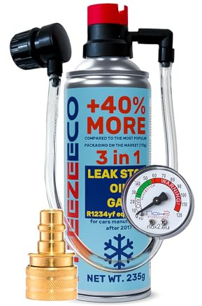 FREEZEECO HOBBY réfrigérant de remplacement r1234yf pour climatisation automobile -1 boîte 3en1, 235g avec conduite intégrée et manomètre + adaptateur