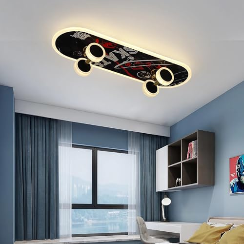 LED Deckenleuchte Kinderzimmer Schlafzimmer Lampe Dimmbar mit Fernbedienung 3000-6000K Modern Minimalistisch Deckenlampe für Wohnzimmer Weiß Acryl Schirm Leuchte Skateboard Design 60x20x7cm (C)