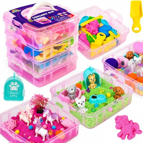 AGENTLAN Stackable Sensory Bin, Unicorn & Pet Sensory Sand, Unicorn and Pet Sandbox with Play Sand for Toddlers Boys and Girls, Kids Toys Gift for Age 3 4 5 6 7 8+