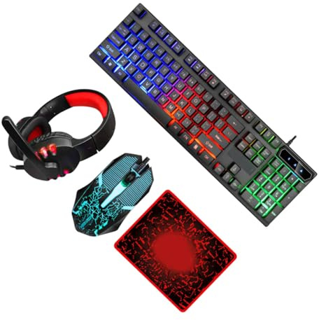 FIXOSHEE Backlit Gaming Keyboard Mouse Combo Headphones and Mouse Pad Wired Ergonomic Set for Office and Computer Gamers in Black