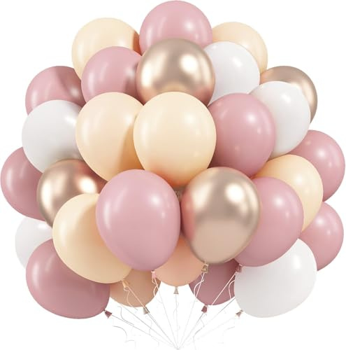 Luftballons Retro Rosa Beige, 60 Stück Luftballons Set Altrosa Weiss mit Gold Helium Ballon, 12 Zoll Rosa Ballons Party Deko für Mädchen Frau Geburtstag Boho Hochzeit Jugendweihe Verlobung Babyparty