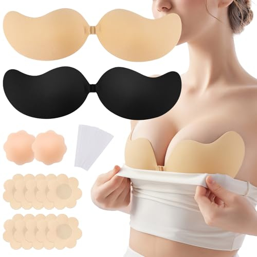 Leikedun 2er Set Sujetador Adhesivo Push Up Copa D, Sujetador Invisible, Sujetadors Sin Espalda Reutilizable, Copa Invisible con 6 Pares de Cubrepezones y 10 Cintas Corporales