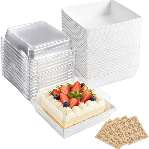 Joyseedi 50pcs Paper Cake Slice Boxes with Clear Lids, 12cm Oil-Proof Charcuterie Dessert Square Food Containers, Cupcake Takeaway Boxes for Bakery Macaron Sandwich Cookies (White)