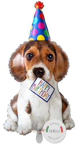 balloa Folienballon Hund Happy Birthday, XXL Geburtstagsdeko, 92 cm | Hund mit Partyhut und Happy Birthday Schild, XXL Tierform, heliumgeeignet, ungefüllt, Deko für Kindergeburtstage