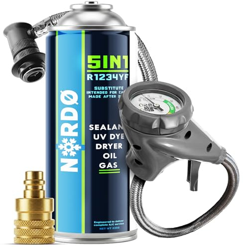 Nordo - 5-en-1 R1234yf XL + Flexible + Adaptateur YF pour Climatisation Automobile avec Huile, Additif d'Étanchéité, Colorant UV, Agent Déshydratant – Protège Le Compresseur – 1 x 235 G