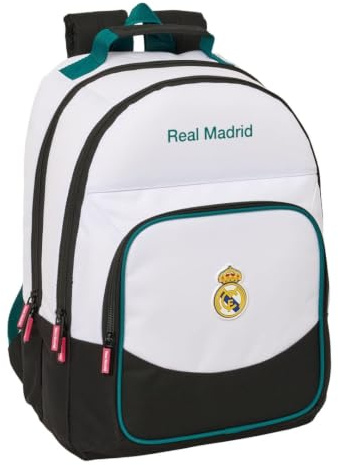 Safta | Mochila Escolar Real Madrid Equipación 26/27 Doble Adaptable a Carro (Sin Carro), 2 Compartimentos Grandes, Bolsillo Portabotellas, Niño y Niña, Medidas 32x16x42 cm