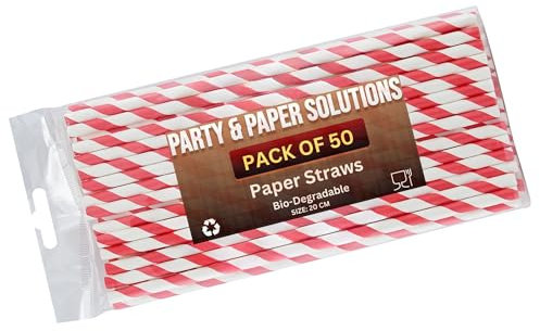 Party Paper Solutions paper drinking straws, red and white striped, biodegradable, environmentally friendly, approx. 20 cm, 50 pieces.