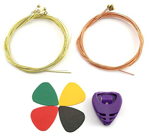 Sustitución de 2 cuerdas de guitarra (1 conjunto de cobre, 1 conjunto de cobre) con un plectro 4 unidades y un cordón de acero para soporte de plectre 1 unidad para guitarra acústica.
