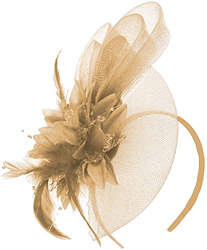 Caprilite Fascinator mit Blume für Hochzeiten, Rennen und Partys, mit Netz-Hut und Federn, Beige Gold, 1 count (Pack of 1)