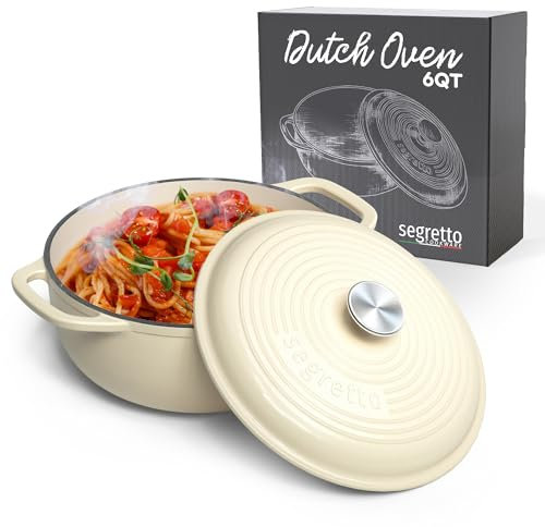 Segretto Cookware Bianco Perla Horno holandés de hierro fundido esmaltado con asa, 6 cuartos de galón, utensilios de cocina de hierro fundido holandés, cacerola de horno holandés de hierro fundido