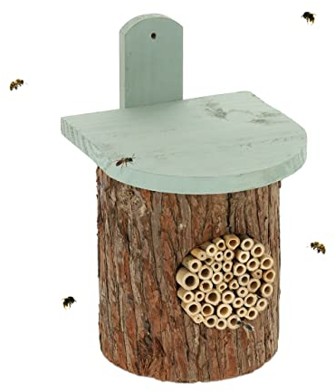 Relaxdays Insektenhotel, Nisthilfe für Wildbienen, HBT: 26,5 x 17 x 19 cm, Bienenhotel Garten & Balkon, Holz, Natur/grün