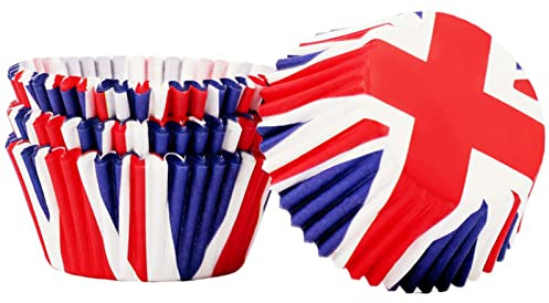 Lot de 100 caissettes à cupcakes en papier pour décoration de 80e anniversaire de mariage Motif drapeau britannique Rouge/blanc/bleu