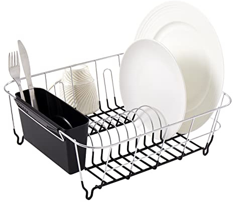 Sweet Home Collection 2 Piece Dish Drying Rack Set Drainer with Utensil Holder Simple Easy to Use Fits in Most Sinks, 14.5 x 13 x 5.25, Black