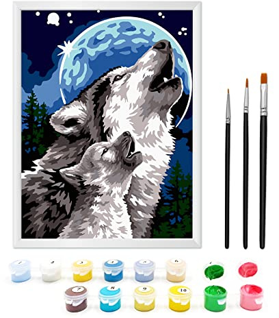 Zimrobin Pinta por números para niños de 6 a 12 años con cartón preimpreso, 12 macetas de pintura acrílica vibrante, un marco y 3 pinceles de pintura (el lobo y la luna)