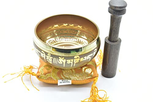 3.75 Tibetan Meditation Yoga Singing Bowl Green Set with free Wooden Mallet and Silk Cushion from Nepal, Singing bowls. (Orange)
