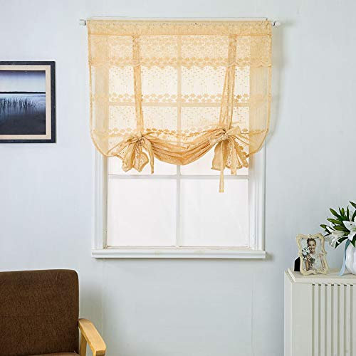 Devola Raffgardine mit Spitze Transparentes Raffrollo mit Blumen landhausstil Gardinen Kurz Küchengardinen modern Raffrollo Fenster Vorhang Fertiggardine BxH 80x140cm Gelb 1er Pack